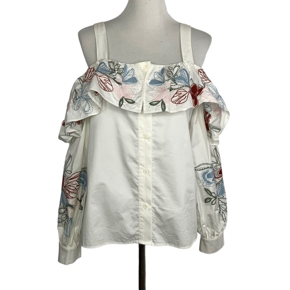 Parker Womens Upton Square-Neck Cold-Shoulder Embroidered Poplin Blouse Sz Med - Picture 2 of 13